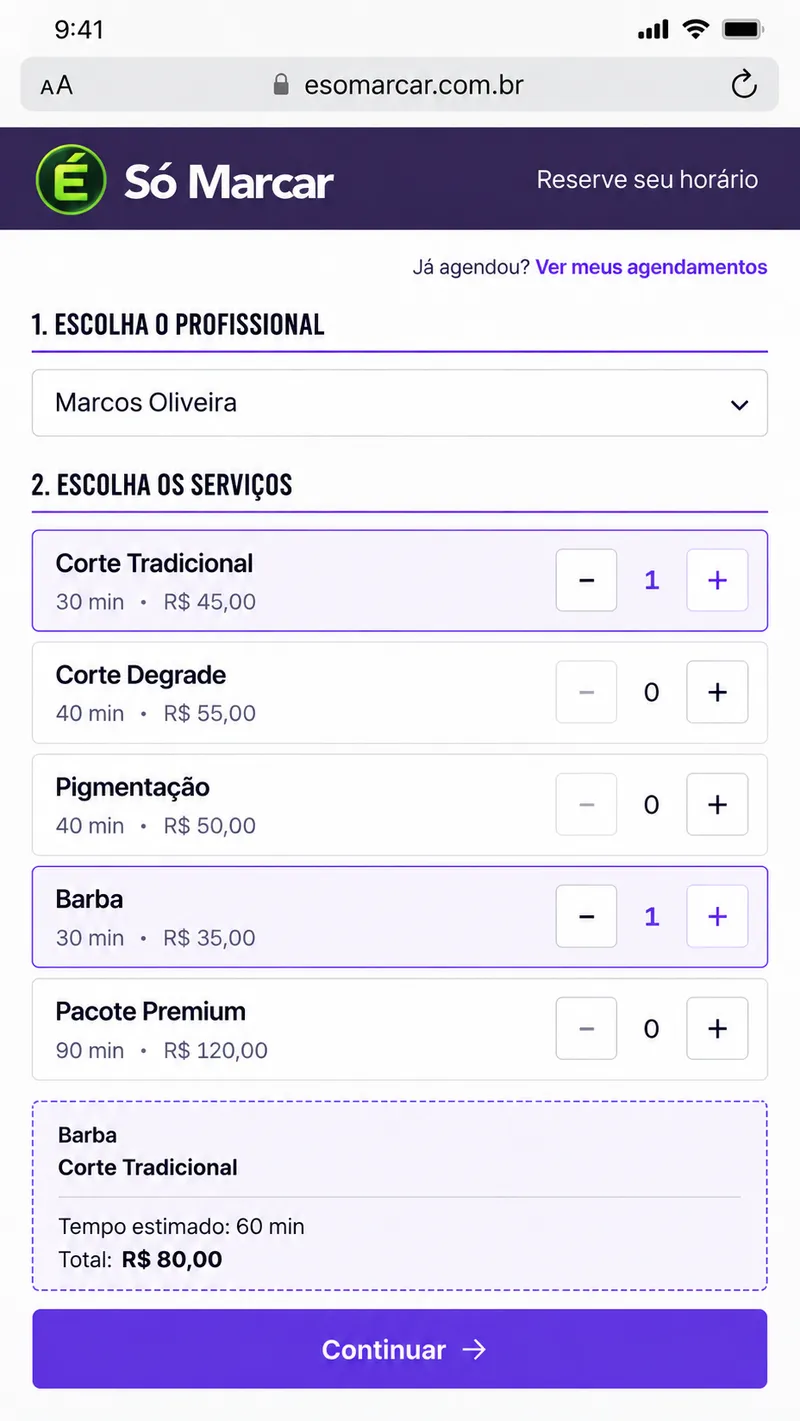 Tela de agendamento do É Só Marcar no celular