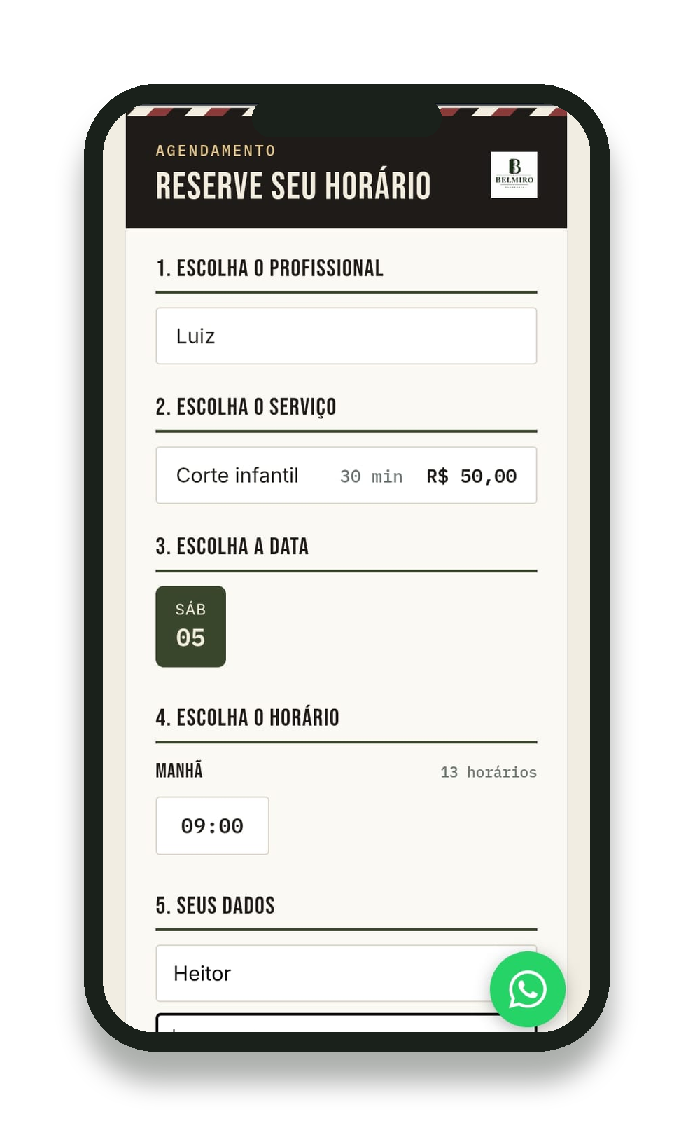 Tela de agendamento no celular